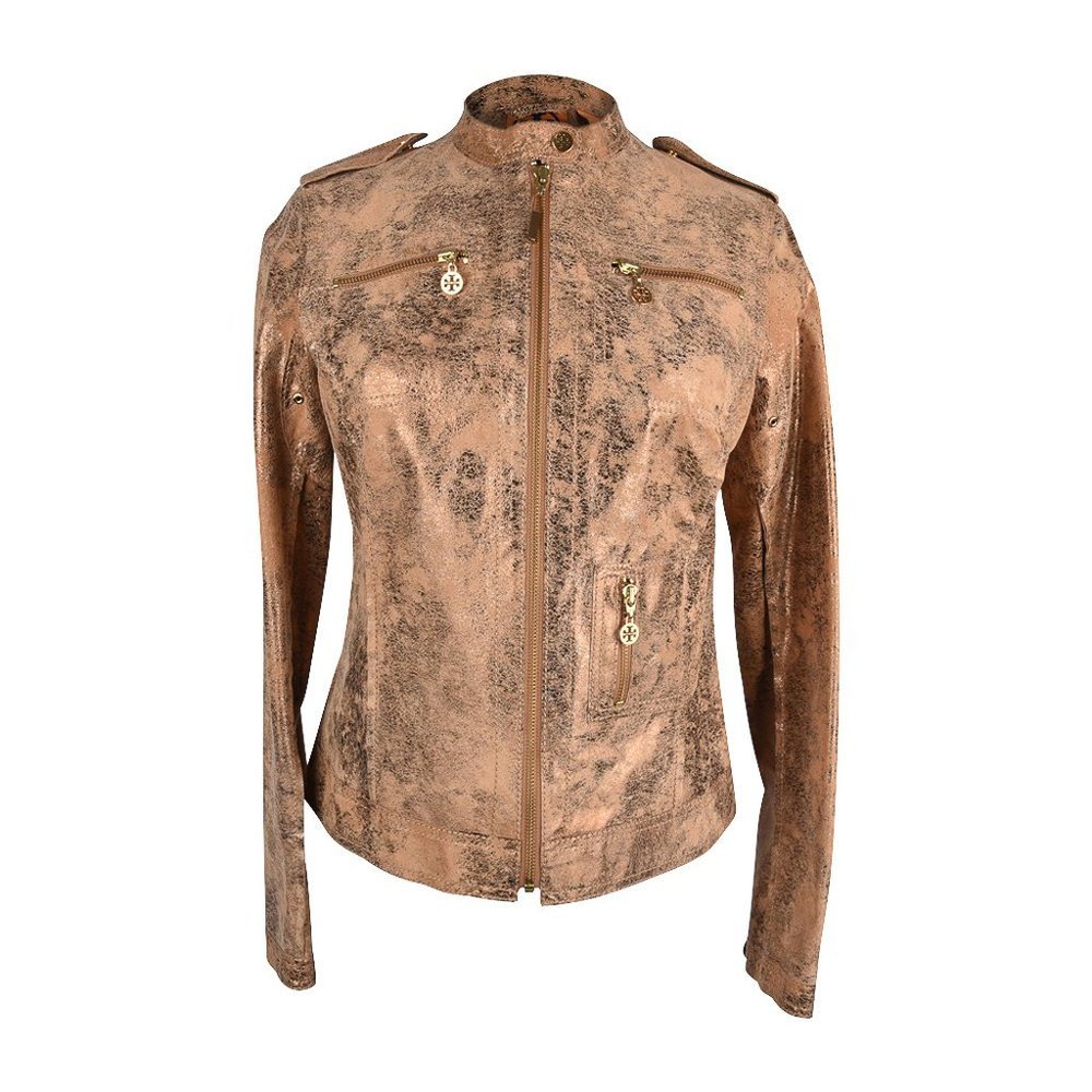 Tory Burch Jacket Distressed Leather Gold Wash Moto Style 6